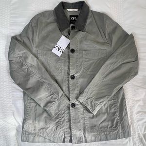 ZARA Painters Jacket with Corduroy Collar Green Gray Size Medium